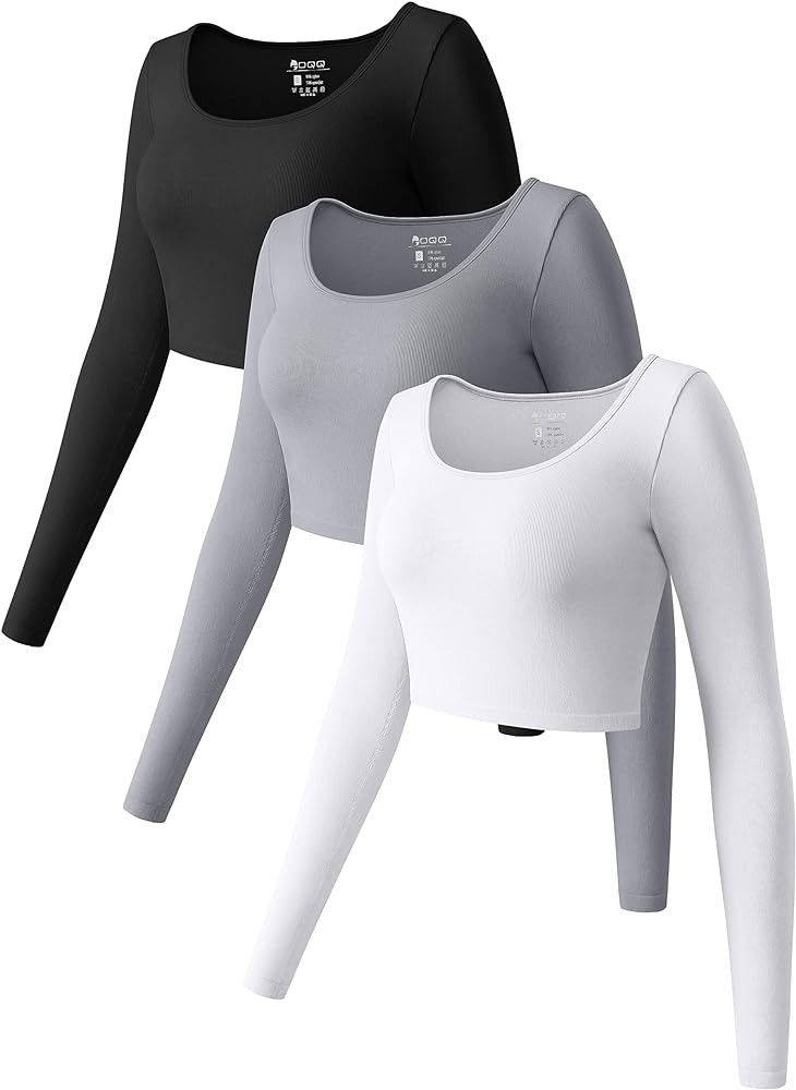 OQQ Women's 3 Piece Crop Tops Long Sleeve Round Neck Stretch Fitted Underscrubs Shirts Crop Tops | Amazon (US)