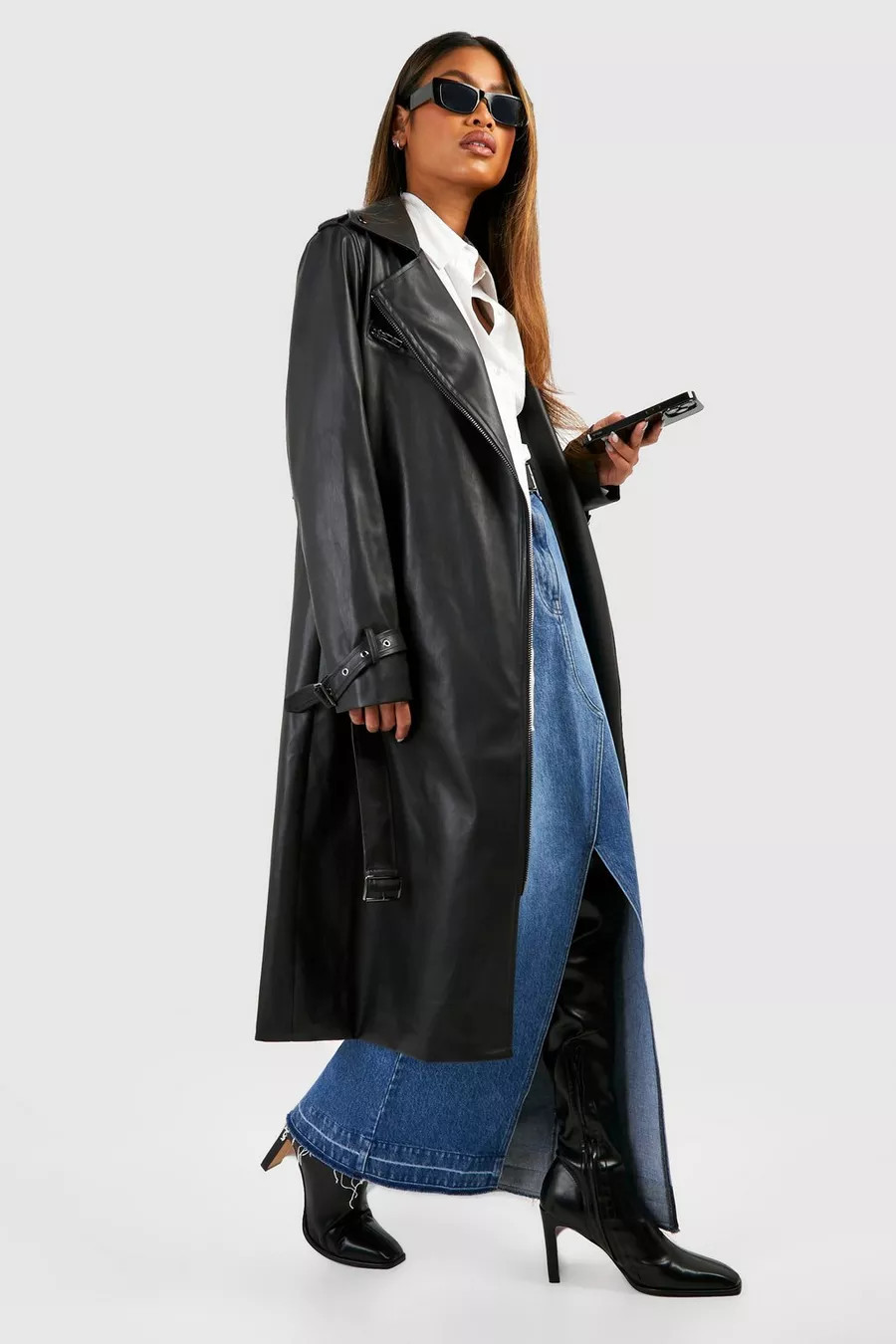Faux Leather Belted Trench Coat | boohoo (US & Canada)