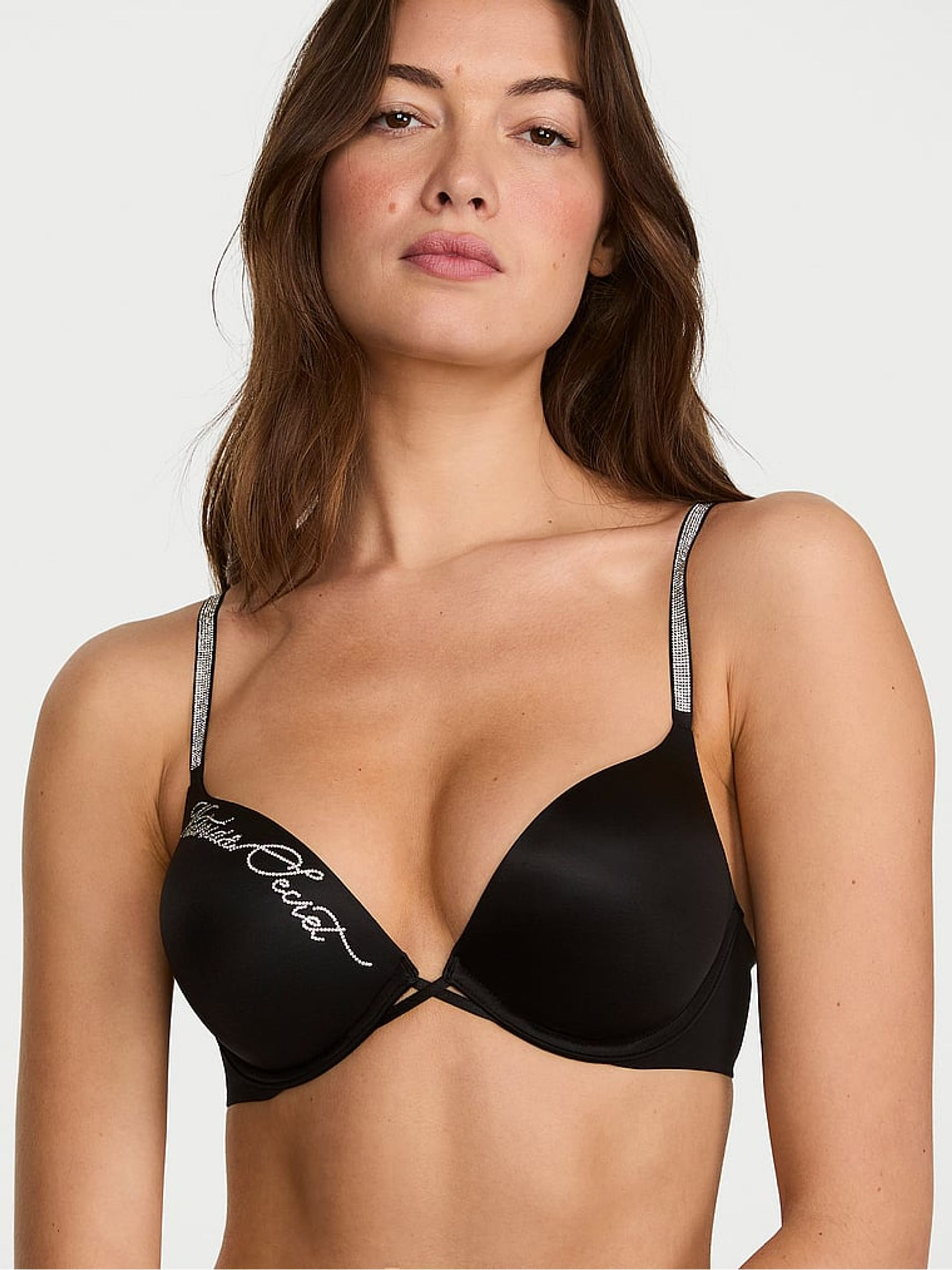 Black Add 2 Cups Push Up Bombshell Shine Script Bra | Victoria's Secret UK | Victoria's Secret UK