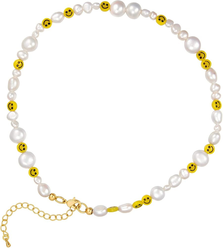 Bohemian Summer Smiley Face Pearl Necklaces And Bracelet Set Irregular Pearl Choker Necklace Smil... | Amazon (US)