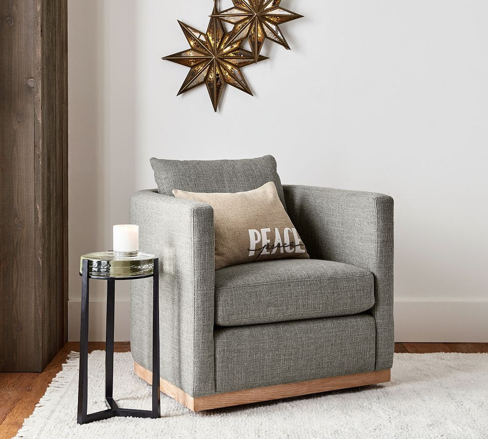 Ayden Barrel Upholstered Swivel Armchair With Wood Base | Pottery Barn (US)