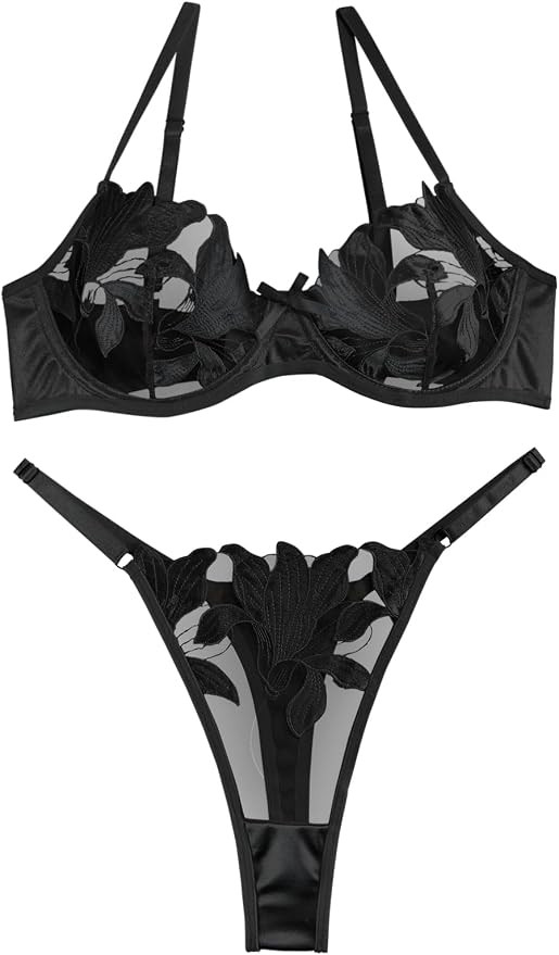 Lilosy Sexy Satin Mesh Floral Embroidered Underwire Lingerie Set | Amazon (US)