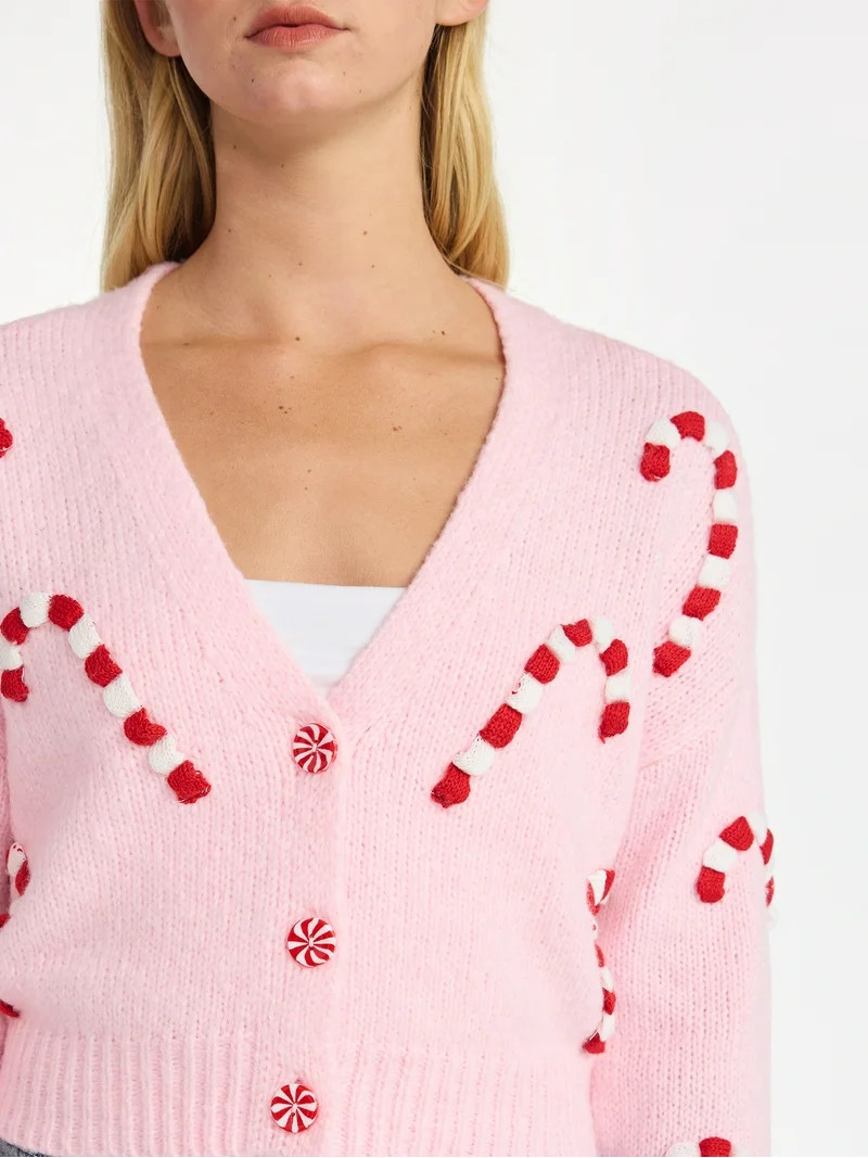 No Boundaries Embroidered Christmas Cardigan, Women's & Women's Plus | Walmart (US)