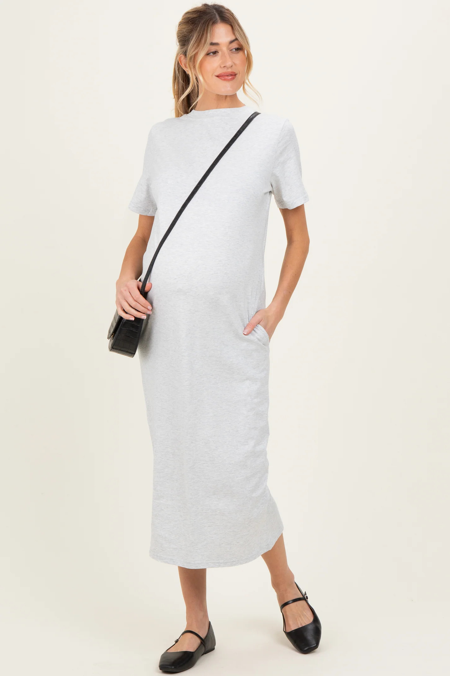 Heather Grey Cotton T-Shirt Maternity Midi Dress | PinkBlush Maternity