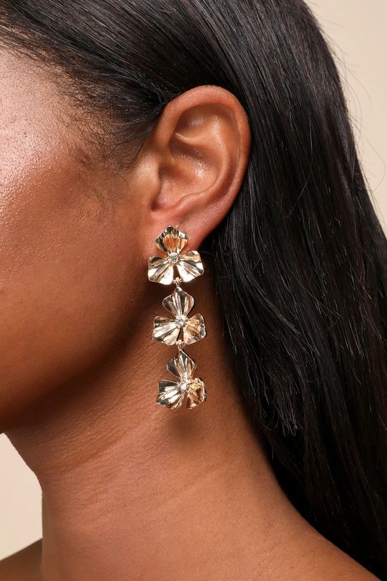 Glowing Charm Gold Rhinestone Flower Drop Earrings | Lulus