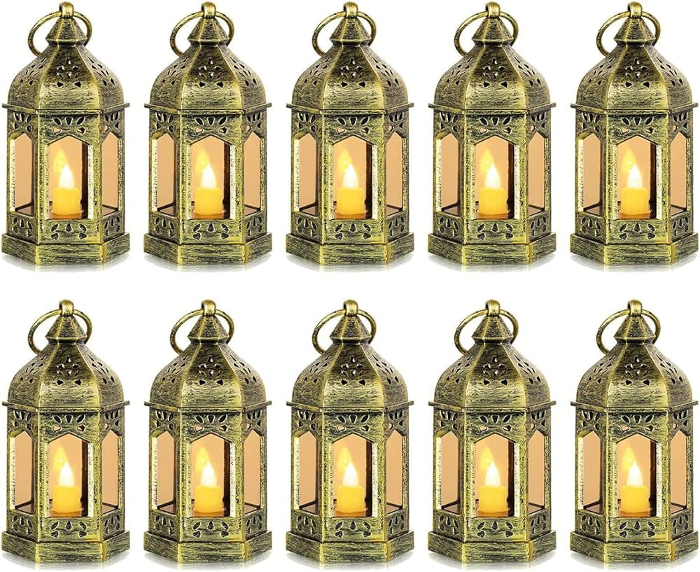 Mini Lantern with Flickering LED Candles Set of 10, Hewory Gold Vintage Decorative Hanging Candle... | Amazon (US)