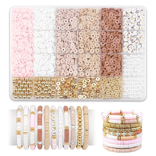 LUDUKOO Clay Bead Bracelet Kit, 2370Pcs Flat Polymer Clay Heishi Beads Bracelet Making Kit for Girls Adults, DIY Friendship Bracelet Kit with Gold Beads Letter Beads Pearl Beads for Bracelets | Amazon (US)