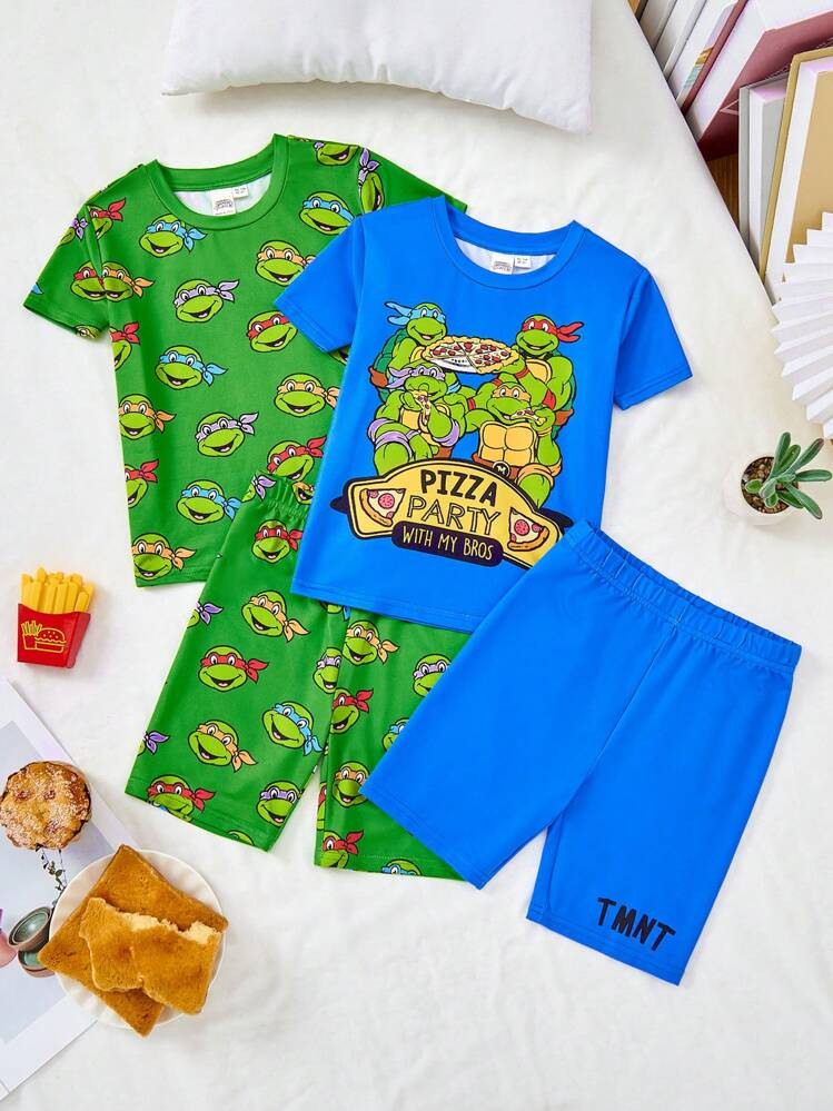 TEENAGE MUTANT NINJA TURTLES X SHEIN Young Boy Pizza Cartoon Print Green & Blue Casual Comfortable Short Sleeve T-Shirt And Shorts Snug Fit Pajama Set | SHEIN