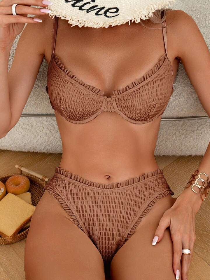 SHEIN Swim Summer Beach Push-Up Beach Vacation Bikini Set With Underwire, Smocked Bikini Set Bath... | SHEIN