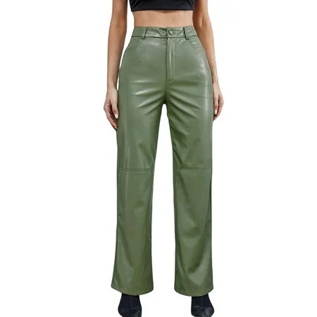 Womens Faux Leather Pants High Waist Straight Wide Leg Punk PU Pants with Pockets Streetwear | Walmart (US)