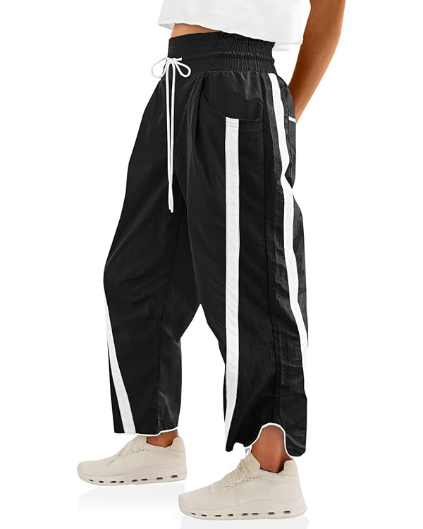 Fisoew Women's Baggy Wide Leg Pants Casual Drawstring Elastic Waisted Contrast Color Workout Y2K ... | Amazon (US)