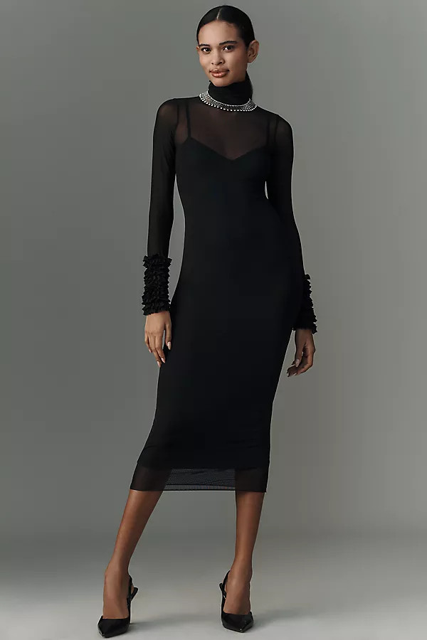 AFRM Ariel Mock-Neck Ruffle-Cuff Mesh Dress | Anthropologie (US)