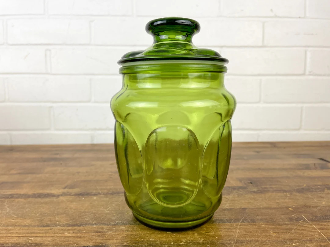 Vintage Avocado Green Glass Jar L.E. Smith Jar with Lid Depression Glass Apothecary Jar Canister ... | Etsy (US)