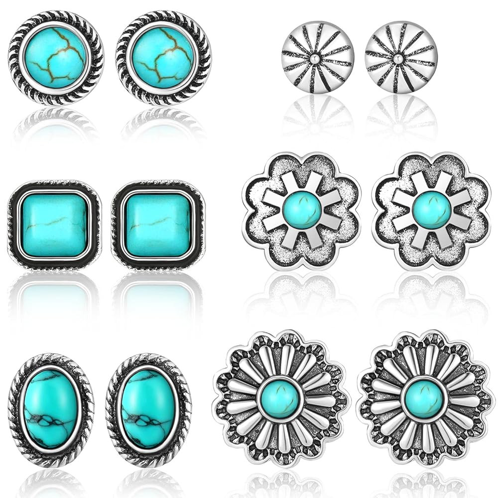 6 Pairs Turquoise Stud Earrings Small Geometric Oval Round Flower Earrings Gemstone Cut Shape Squ... | Amazon (US)