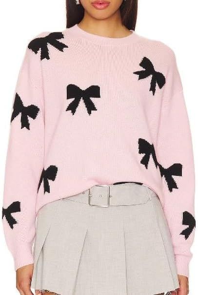 Women Pink Bow Knot Print Sweater Long Sleeve Ribbed Knit Pullover Top Crewneck Cute Knitwear Jum... | Amazon (US)