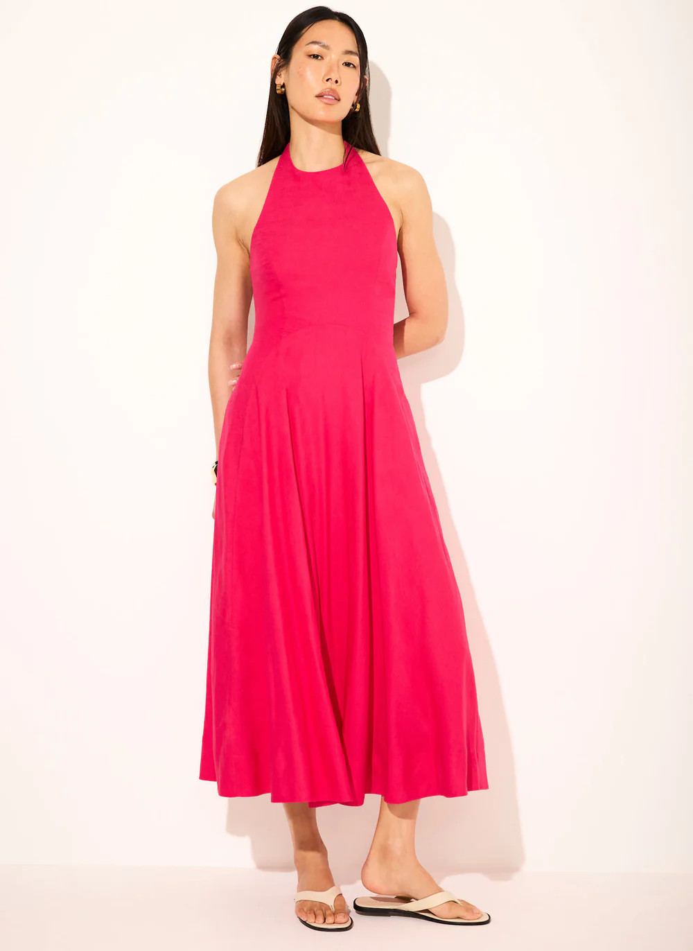 Pink Linen Blend Halter Midi Dress | Mint Velvet