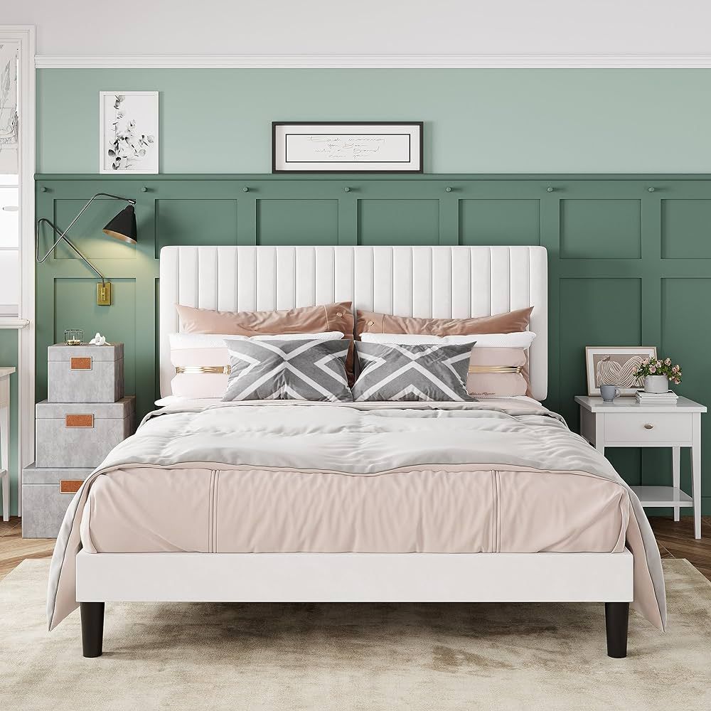 Allewie Queen Bed Frame, Velvet Upholstered Platform Bed with Adjustable Vertical Channel Tufted ... | Amazon (US)
