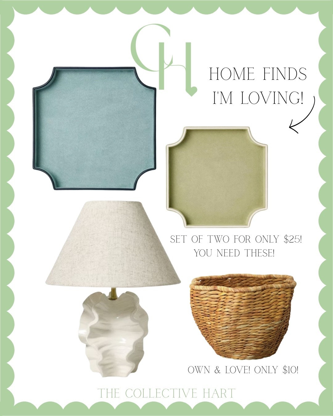 Home finds I'm loving! Own & love the trays - 2 for $25! & the precious baskets are only $10! Great for shelves or playroom storage! 