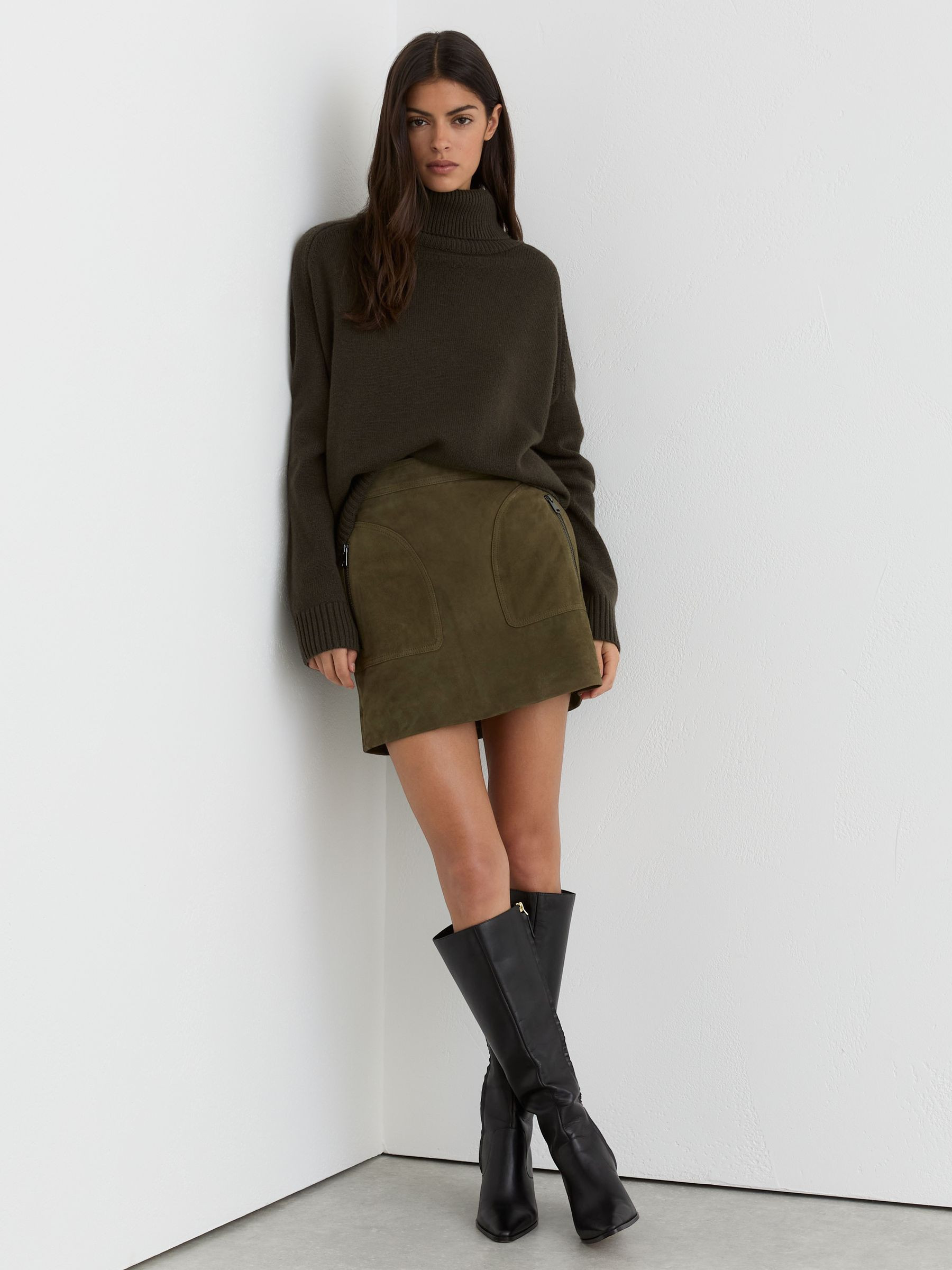 Reiss Suede Zip-Pocket Mini Skirt in Khaki Green - REISS | Reiss UK