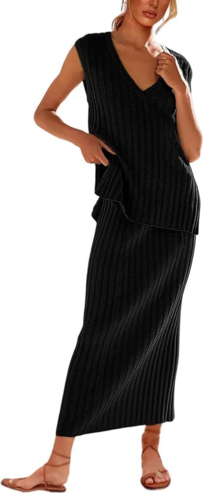 SCUSTY Women's 2 Piece Sweater Skirt Sets Sleeveless V Neck Knit Ribbed Vest Tops Midi Skirt | Amazon (US)