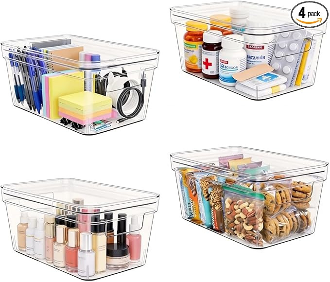 MOONEDGE Small Clear Plastic Storage Bins with Lids and Handles – Stackable Clear Organizer Bin... | Amazon (US)