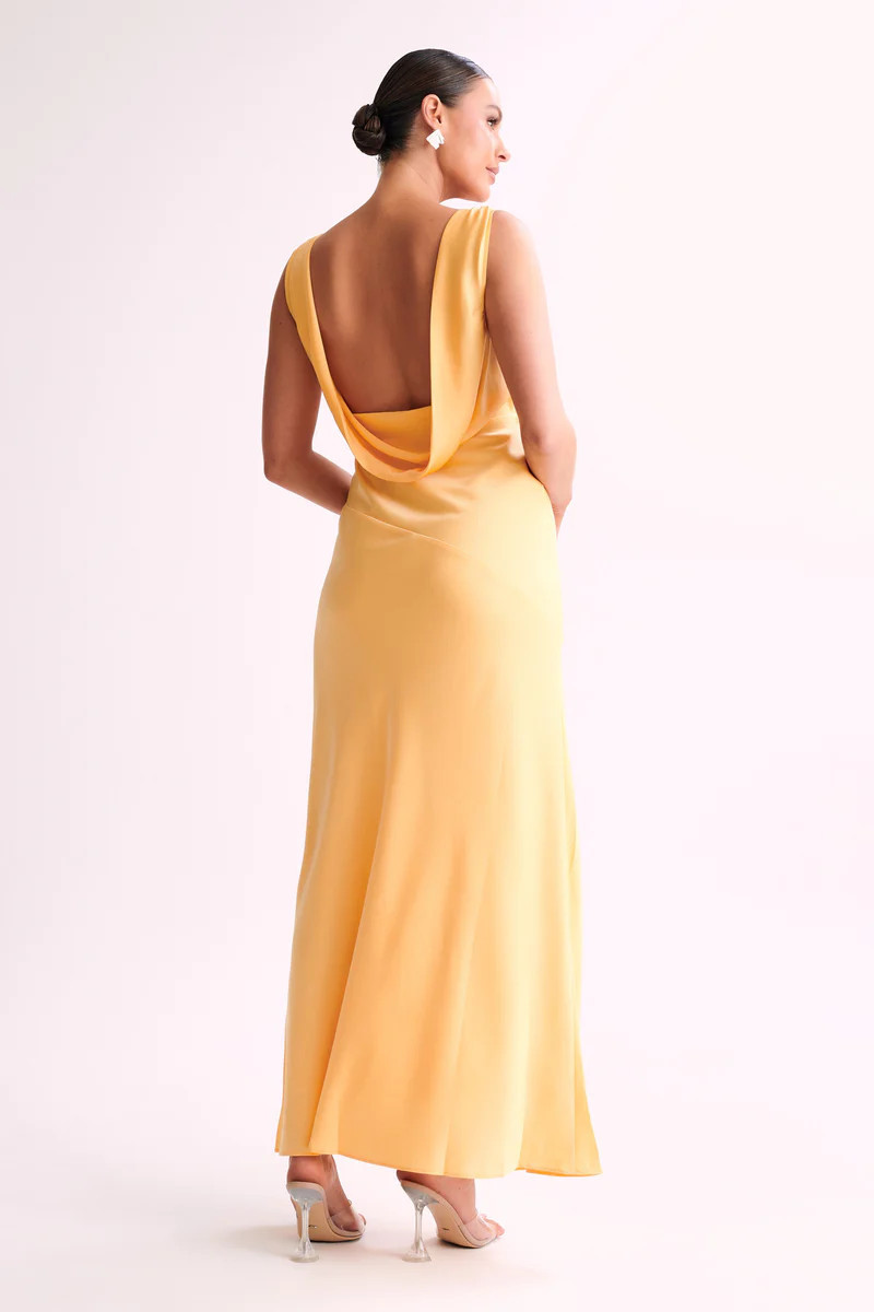 Nadia Maxi Satin Dress With Back Cowl - Lemon | MESHKI US