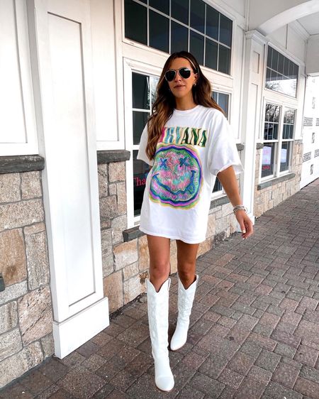 Oversized graphic tshirt dresses are my favorite kind of outfits, especially with these white cowboy boots #urbanoutfitters #uo #nirvana 

#LTKstyletip #LTKunder100 #LTKshoecrush