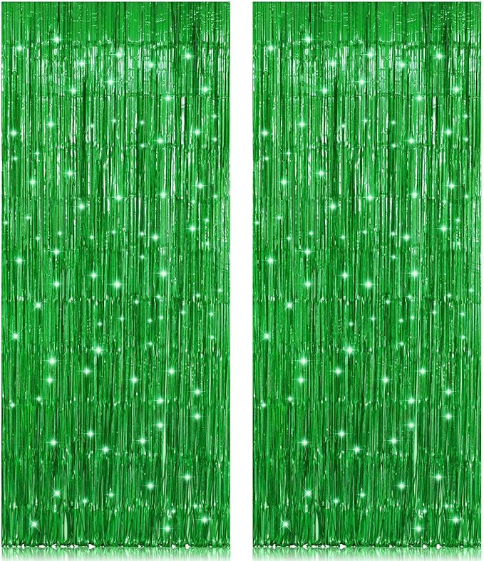 2 Pack 3.2ft x 8.2ft Green Foil Fringe Curtain, Metallic Tinsel Foil Fringe Rain Curtain Streamer... | Amazon (US)