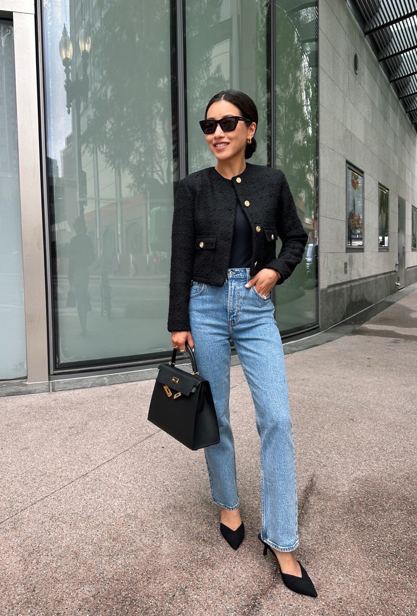 • Ultra high rise 90s straight jeans in 24 Extra short. These are nearly full length on me, and I prefer how it looks with a low heel 

The fit of the high rise ankle are perfect on me, fitted at the waist with no gap, and the length does work on me with flats too. the fabric is a non-stretch medium to thicker weight denim. 

•Boucle jacket xxs - cute modern cropped boxier cut with shoulder pads . I have the sleeves folded under about an inch. 

•Seamless ribbed bodysuit XS 

• H&M heels from a prior season, similar style linked

#petite Abercrombie winter smart casual workwear 

#LTKsalealert #LTKfindsunder100 #LTKSeasonal