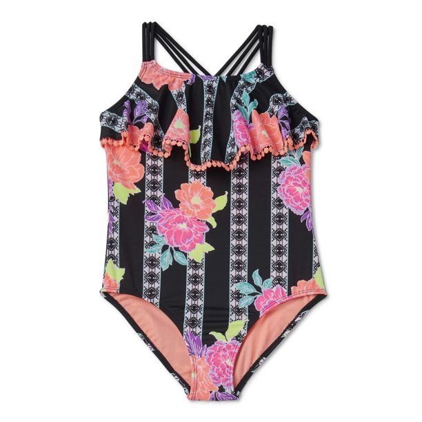 Wonder Nation Girls 4-18 & Plus Printed Flounce Front One Piece Swimsuit With Upf 50+ with UPF 50... | Walmart (US)