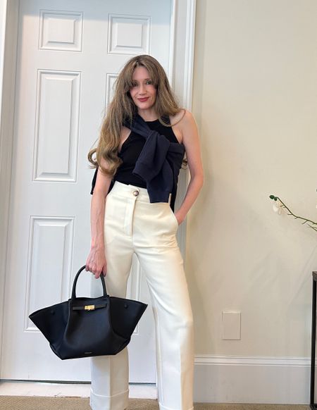 White trousers, tank a draped 3rd layer! Finish the French girl look with two tone Mary Janes by Sezane, the paula babies! All TTS