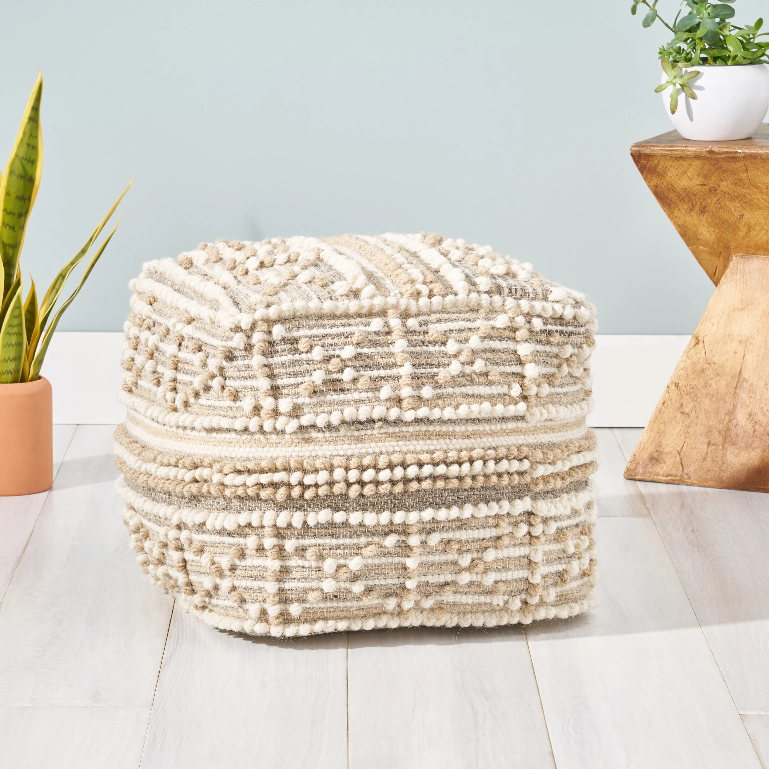 Ishara Contemporary Wool and Cotton Pouf Ottoman, White and Beige | Walmart (US)