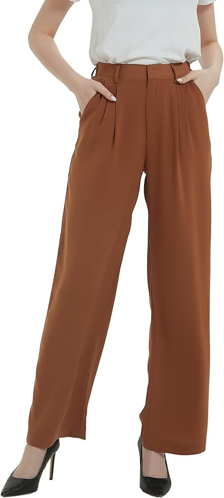 Women High Waist Casual Straight Leg Long Dress Pants Wide Leg Trousers Regular Waistband | Amazon (US)