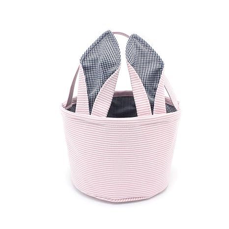 Easter Baskets Seersucker Easter Bunny Bag Bucket for Easter Egg Hunt Bunny Ears Design (Pink) | Amazon (US)