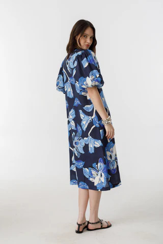 Bubble Linen Dress - Navy Hibiscus Print | Lanhtropy