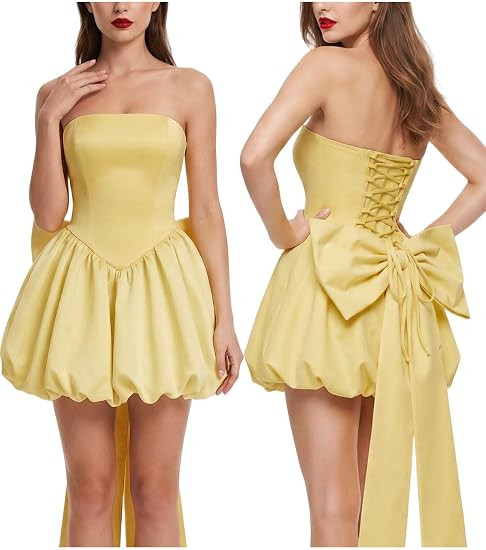 Womens Strapless Bubble Mini Dress Back Lace Up Cute Bow Tie Cocktail Party Homecoming Prom Dress... | Amazon (US)