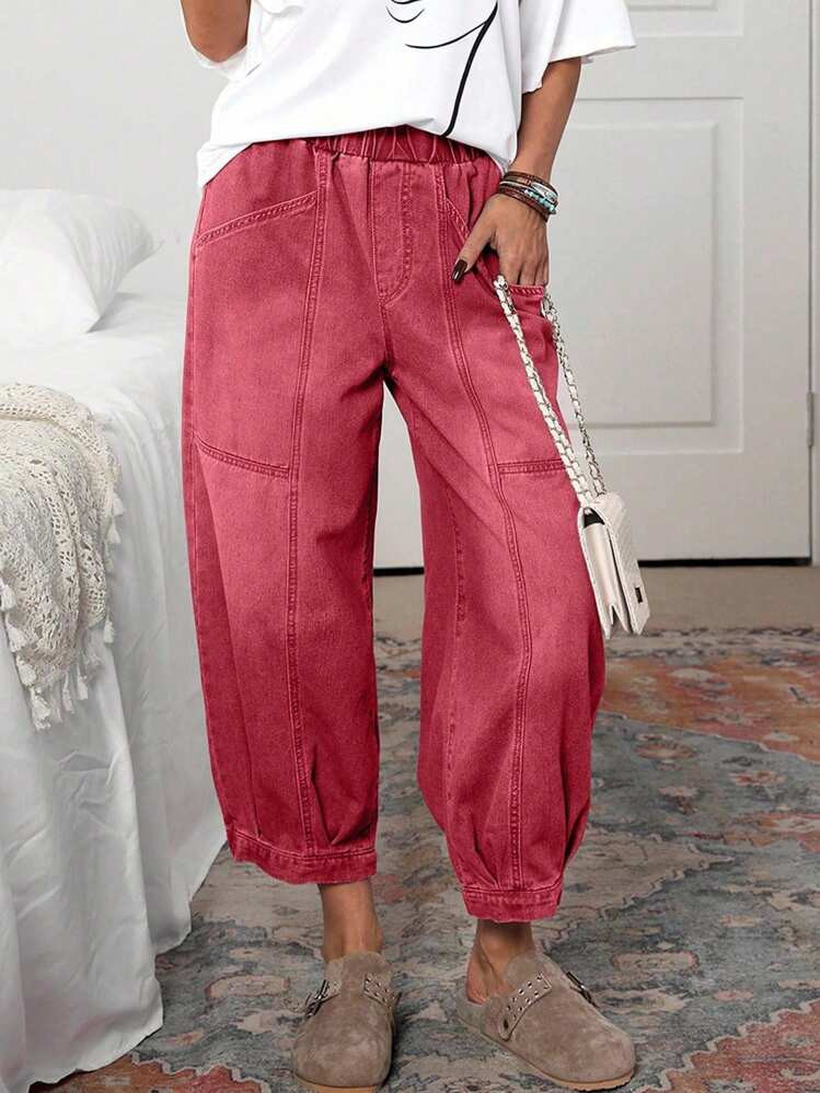 EMERY ROSE Plus Size Women Pocketed Flared Loose Fit Jeans,Back To School Women Casual Pants Women Summer Pants Elastic Waist Pants Women Jeans Red Pants | SHEIN