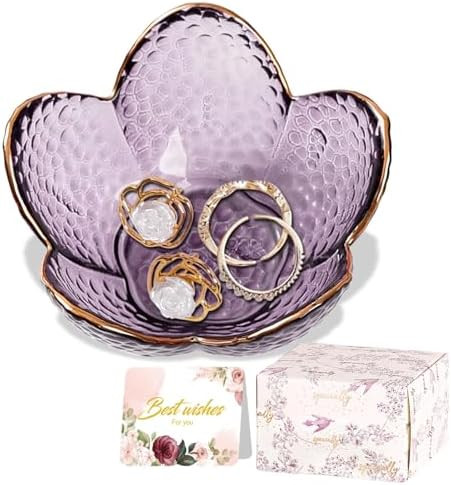 Purple Flower Jewelry Dish Glass Ring Dish Jewelry Tray Cute Vanity Organiser Room Decor Aestheti... | Amazon (US)