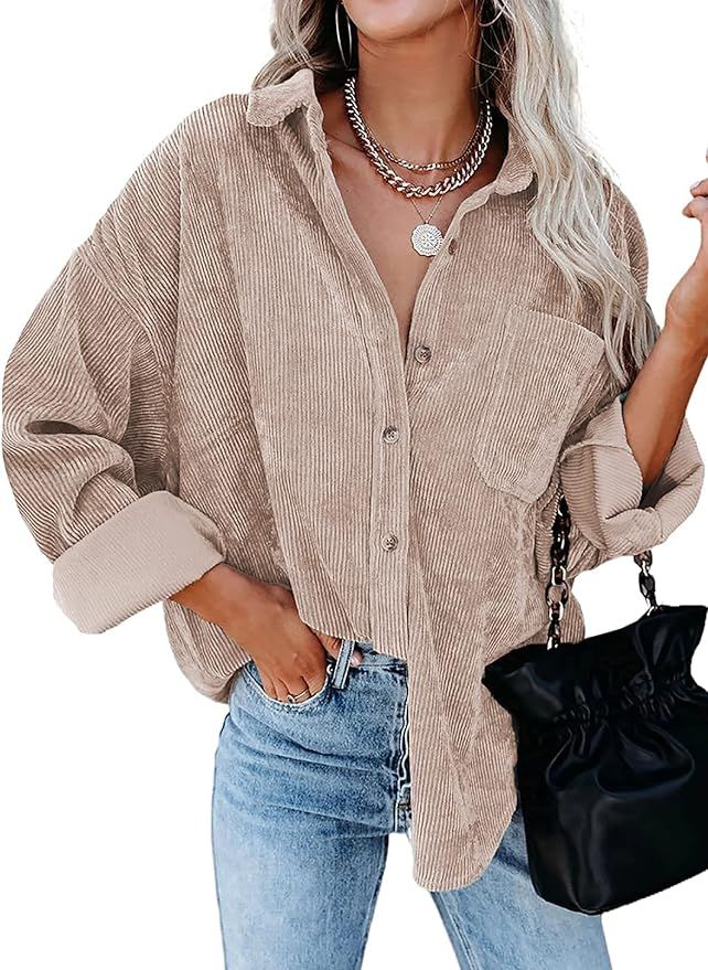 Women Corduroy Button Down Shacket Casual Shirt Jacket Long Sleeve Boyfriend Blouses Tops | Amazon (US)