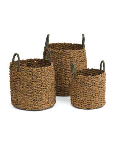 Set Of 3 Handwoven Seagrass Cylinder Baskets With Handles | TJ Maxx