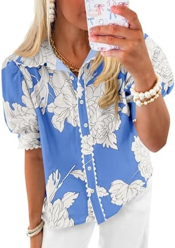 Cicy Bell Womens Puff Sleeve Button Down Shirts Floral Print Summer Casual Tops Boho Loose Fit Co... | Amazon (US)