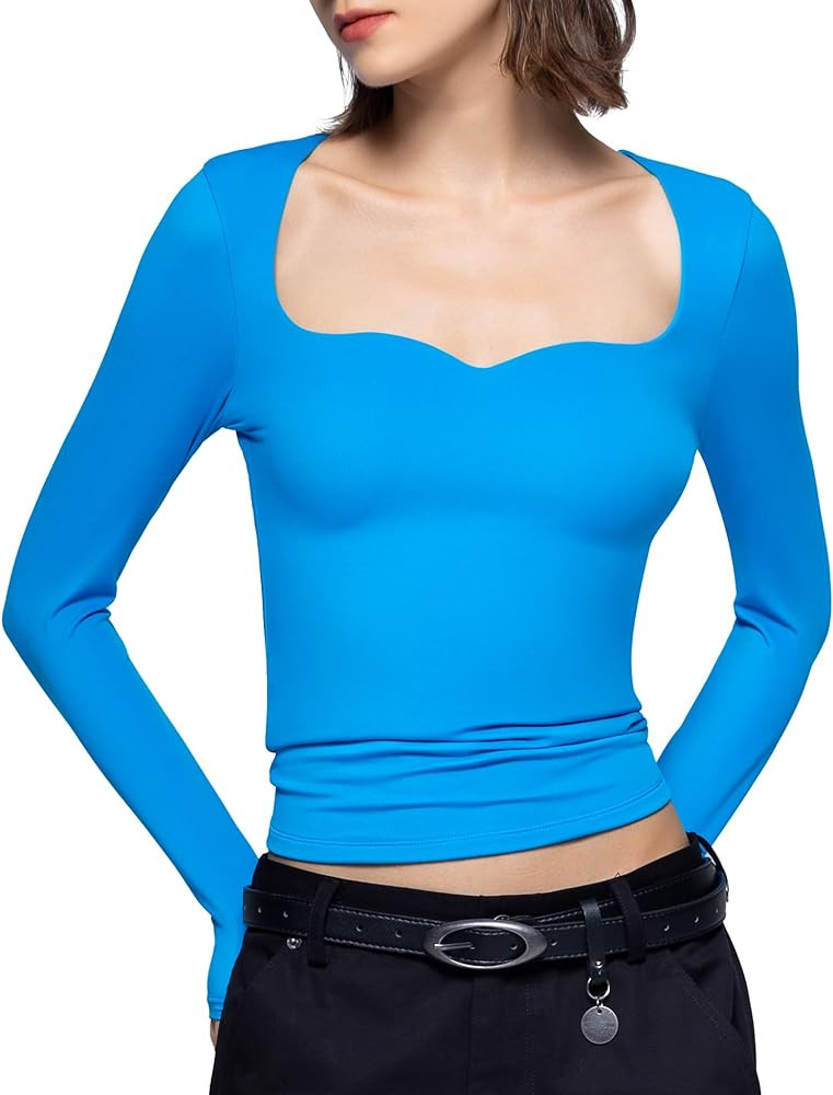 PUMIEY Women's Long Sleeve T Shirts Sweetheart Neck - Slim Fit Going Out Tops Sexy Basic Tee Smok... | Amazon (US)