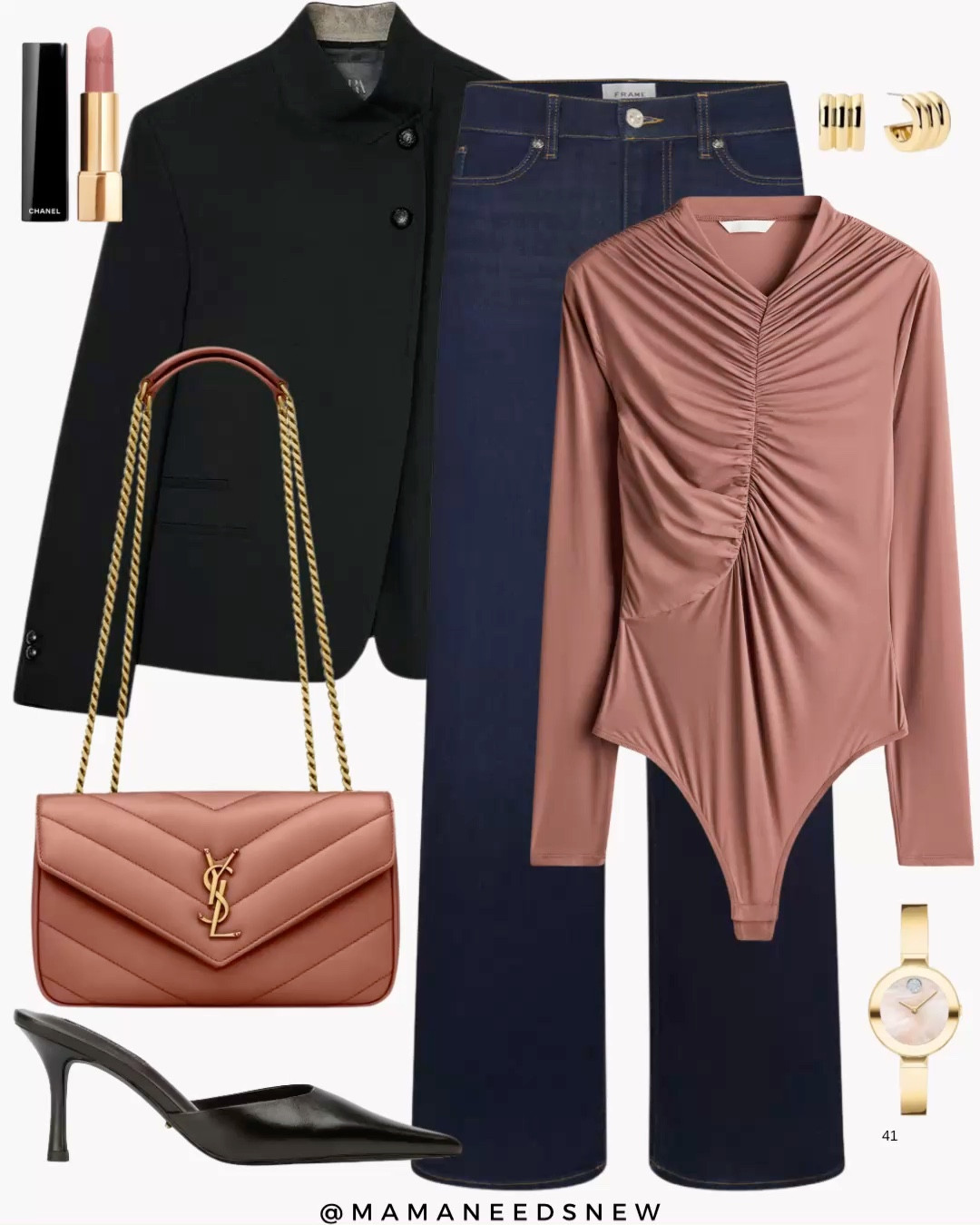 A spring outfit with a dusty pink bodysuit, dark wash jeans, high collar blazer, shoulder bag and heels 🩷🖤

#LTKSaleAlert #LTKSeasonal #LTKootd