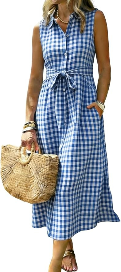 utcoco Womens 2026 Summer Casual Plaid Shirt Dress Tie Waist Sleeveless Button Down Dress with Po... | Amazon (US)