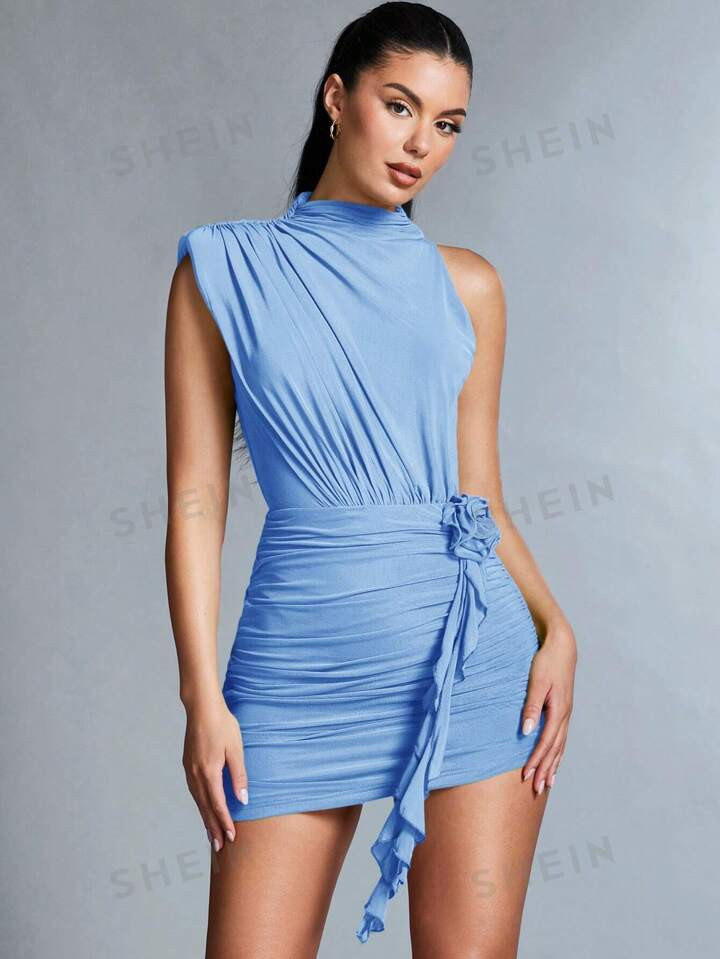 SHEIN BAE Women's Summer Solid Color Slimming Elegant One Shoulder Dress With Stand Collar, Pleat... | SHEIN