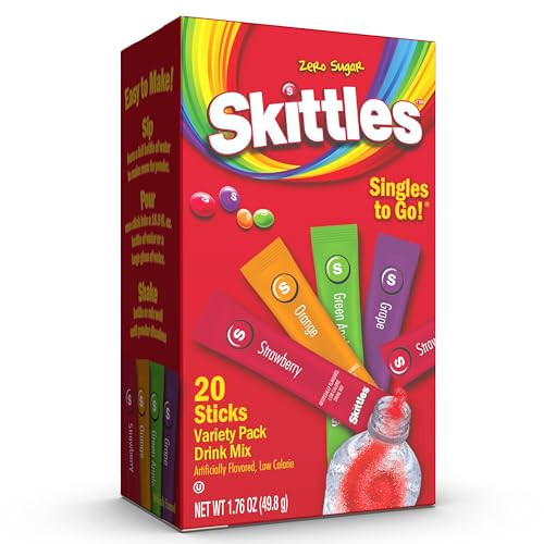 Skittles Singles To Go Variety Pack, Watertok Powdered Drink Mix, Zero Sugar, Low Calorie, Includes 4 Flavors, 1 Box (20 Single Servings) (Fruity) | Amazon (US)