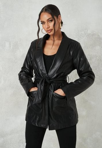 Black Borg Lined Belted Faux Leather Jacket | Missguided (US & CA)