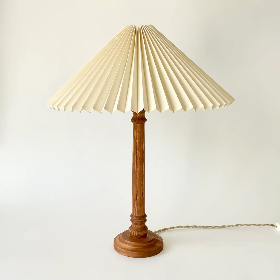 Pine Wood Table Lamp With Cream Linen, Pleated Lampshade. Danish Design. Wired for USA / Canada. ... | Etsy (US)