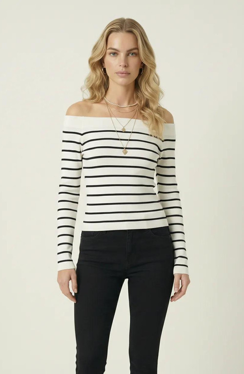 Modenaire Off the Shoulder Striped Knit Top in White /Black Stripes at Nordstrom, Size Medium | Nordstrom