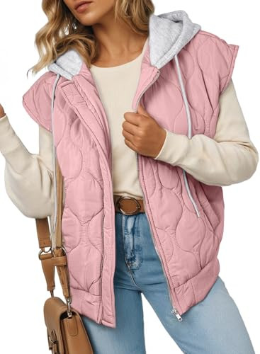 EVALESS Oversized Puffer Vest Woman Cropped Hooded Zip Up Quilted Vests Outerwear 2025 Casual Sleeveless Jackets Coat Outfits with Pockets Plus Size Pink XX-Large | Amazon (US)